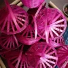 Handmade-woven bamboo basket (known as a Phuldali or Saji). Red colored basket is a staple of Mithila culture in Bihar, India, and is primarily used to carry flowers for religious rituals. The basket features a conical, ventilated lid adorned with gold tinsel, colorful embroidery, and hanging decorative tassels with small metallic bells, topped with a tall, curved handle for easy carrying. todayuse or apan mithilause. www.todayuse.com
